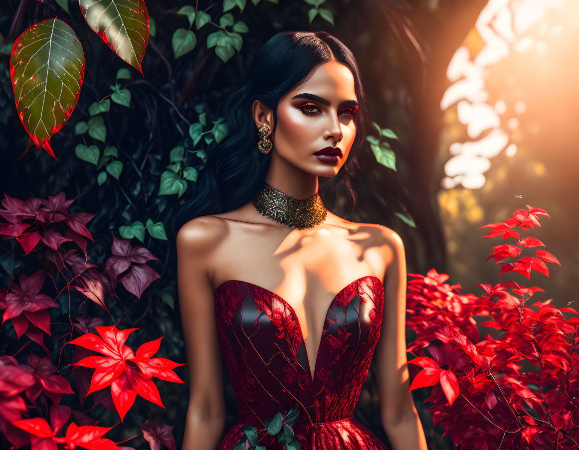 Dark-haired woman in red dress and gold jewelry among vibrant green foliage.