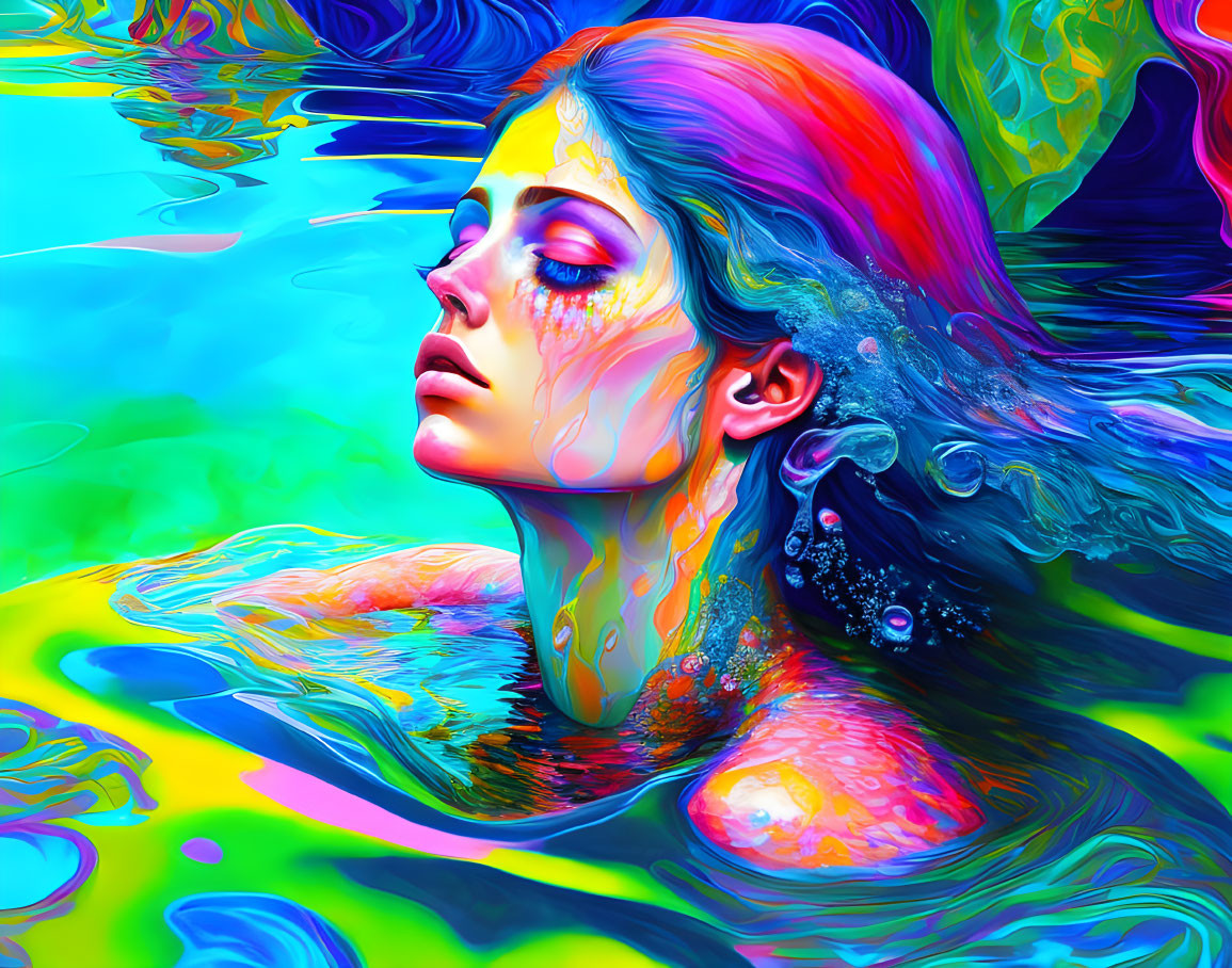 Vibrant surreal artwork: Woman's face submerged in colorful fluid patterns