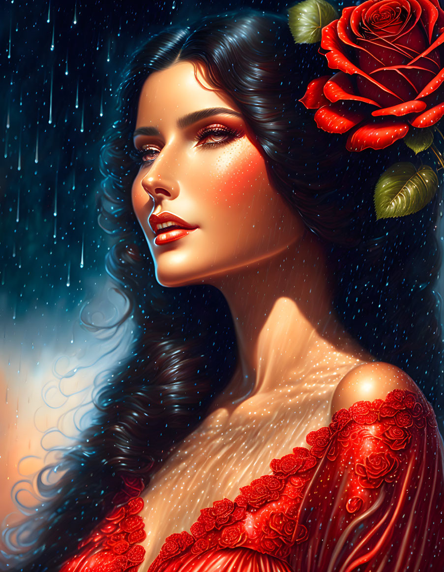 Illustrated woman in red floral attire under starry, rain-streaked sky