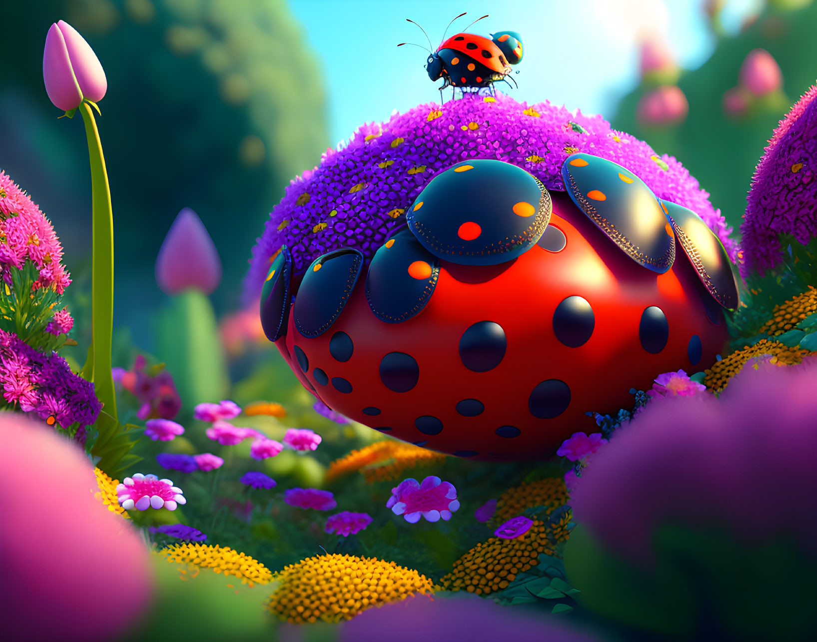 Colorful Ladybug Scene with Fantasy Structure in Flower Field