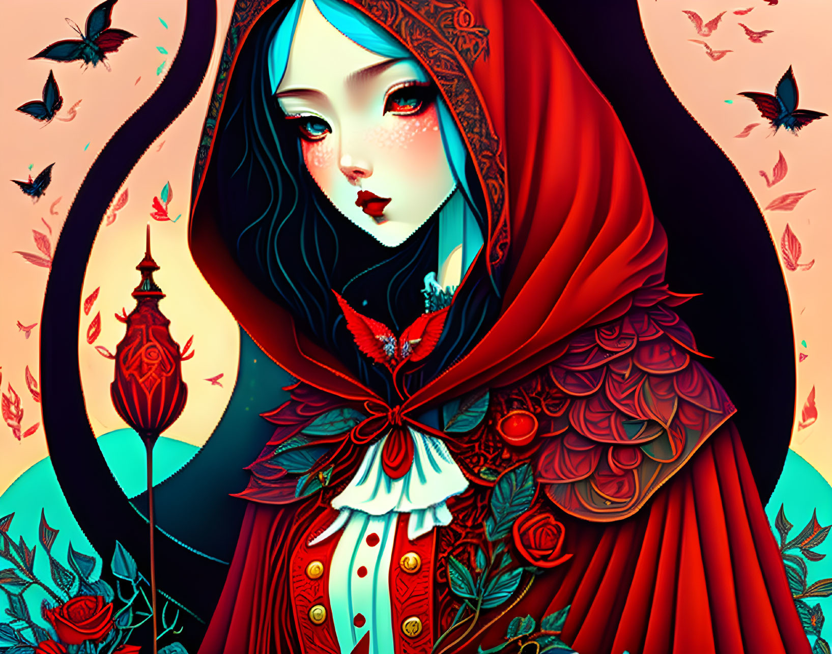 Illustrated girl with blue hair in red cloak, surrounded by roses, butterflies, and lanterns