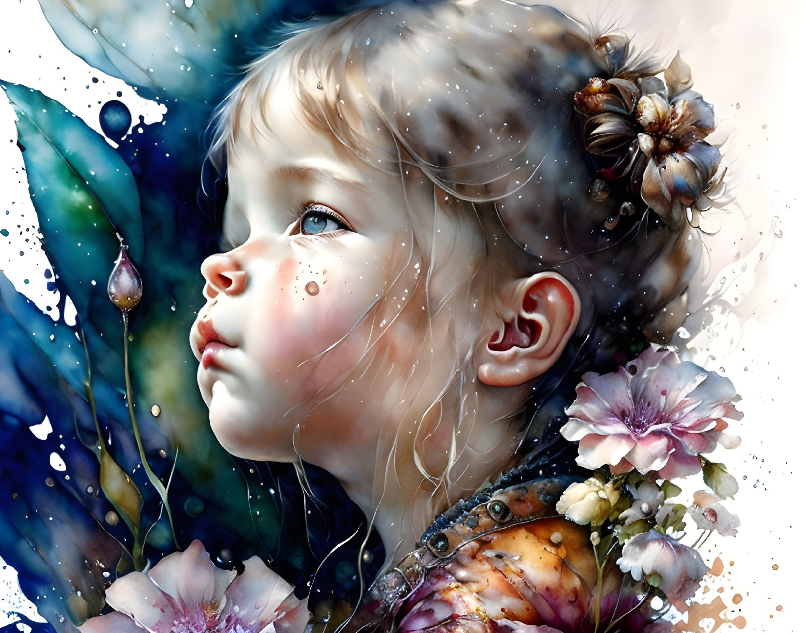 Young girl portrait with flowers and dew droplets in whimsical style