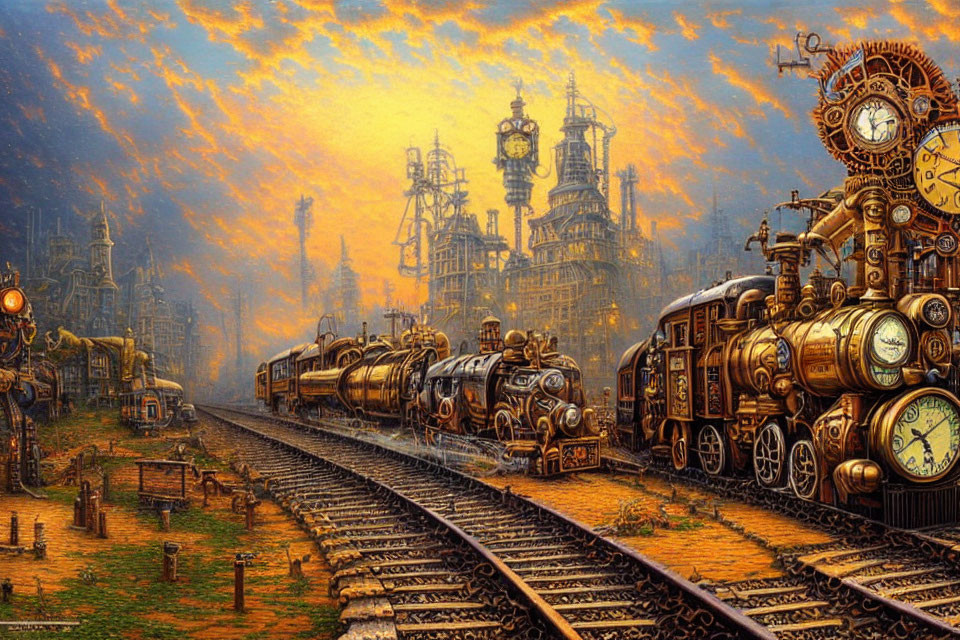 Steampunk cityscape illustration with intricate steam engines and orange cloudy sky