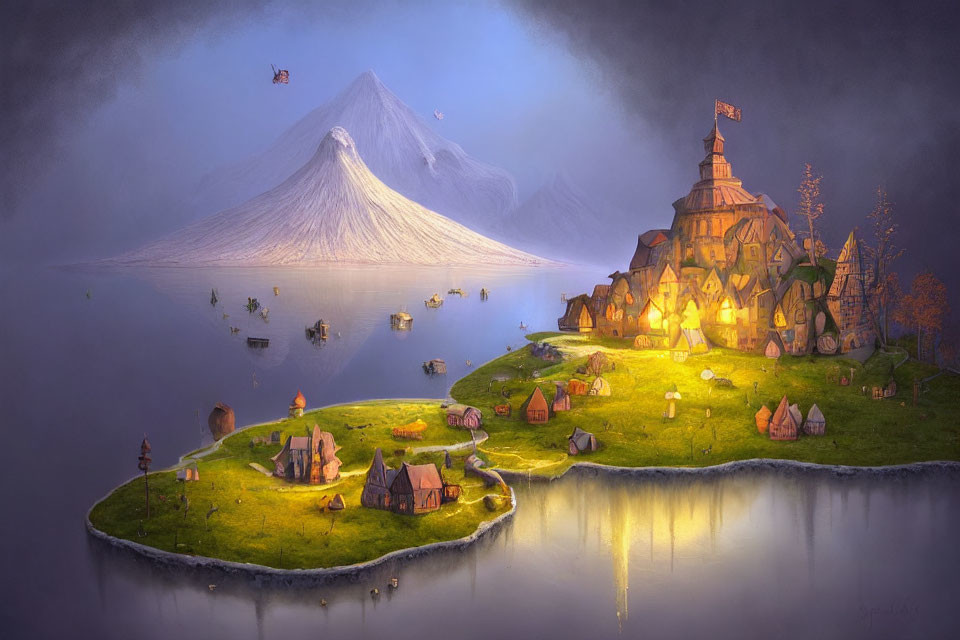 Fantasy landscape with island village, luminous structures, boats, mountains, and twilight sky.