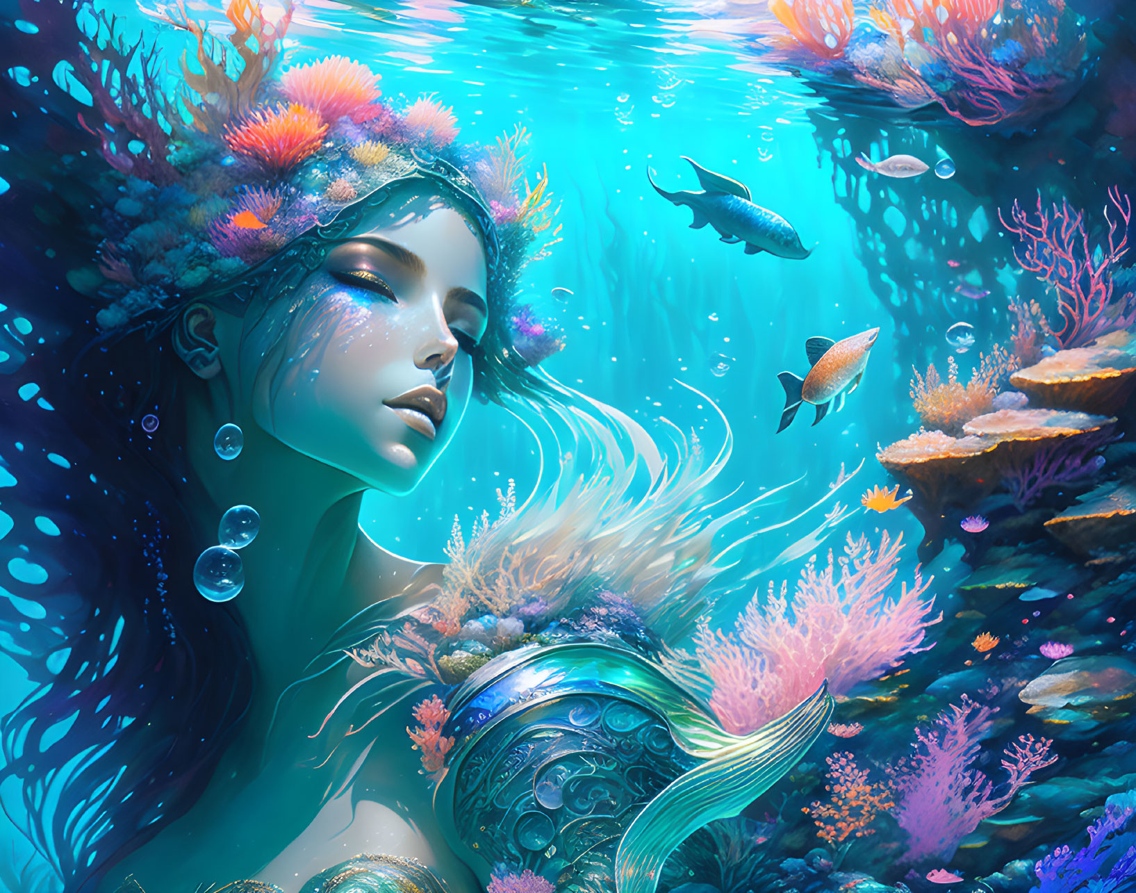 Ethereal woman in vibrant underwater scene with fish and coral