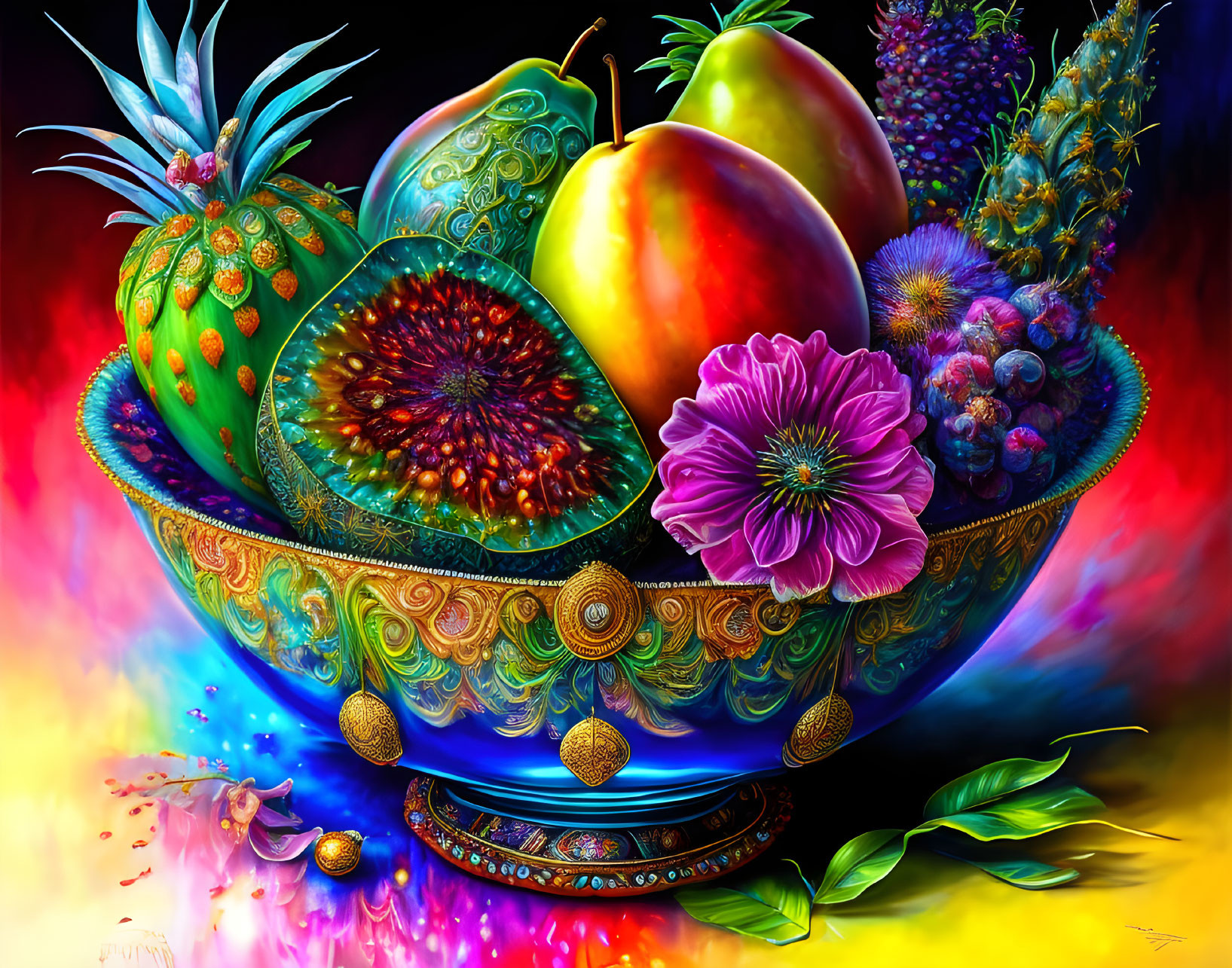 Colorful digital painting of fruit bowl with pineapple, apples, figs, and flower