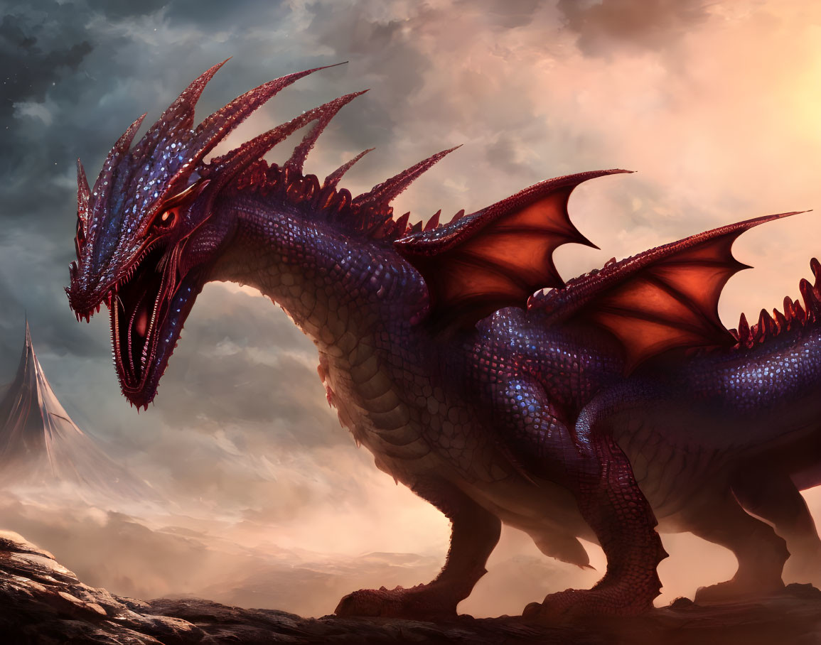 Purple Dragon with Large Wings and Multiple Horns in Dramatic Sky