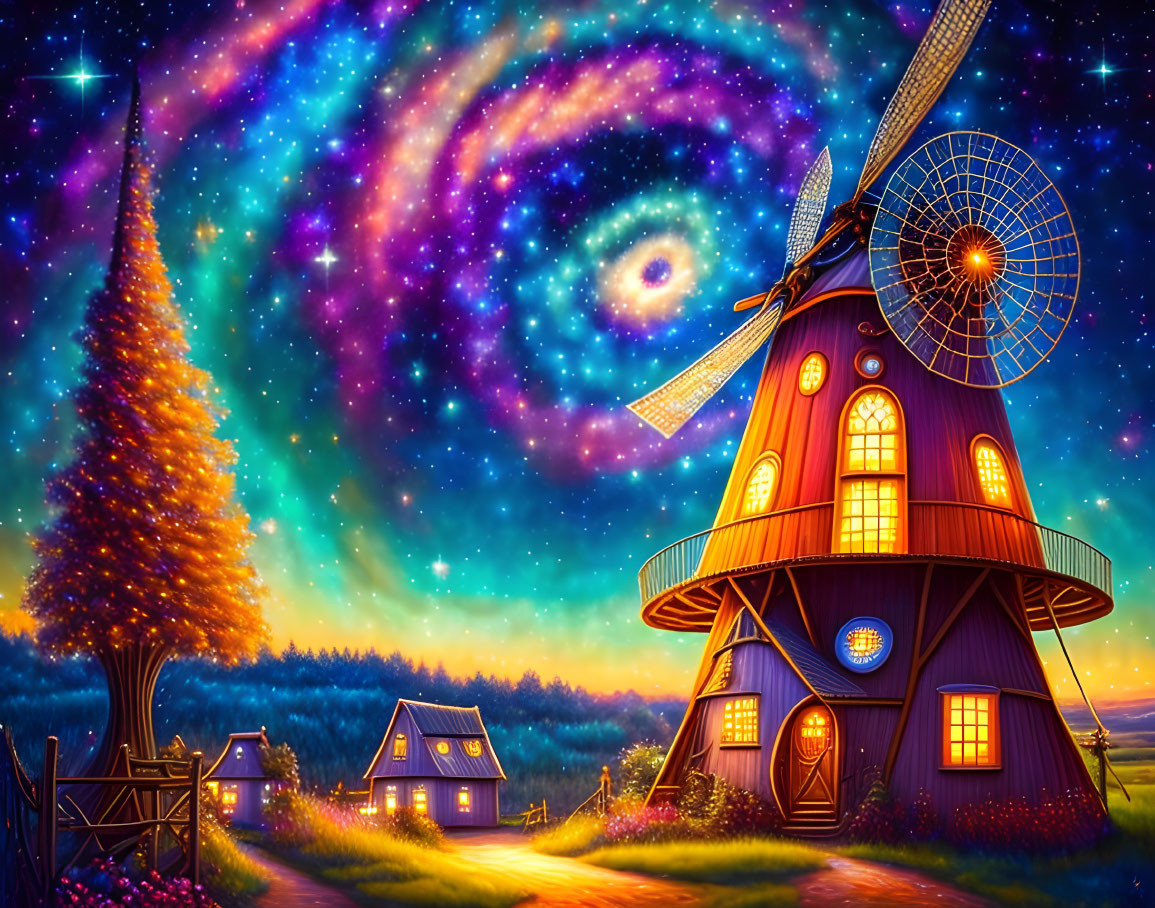 Colorful Starry Night Sky with Galaxies, Windmill, and Cottage