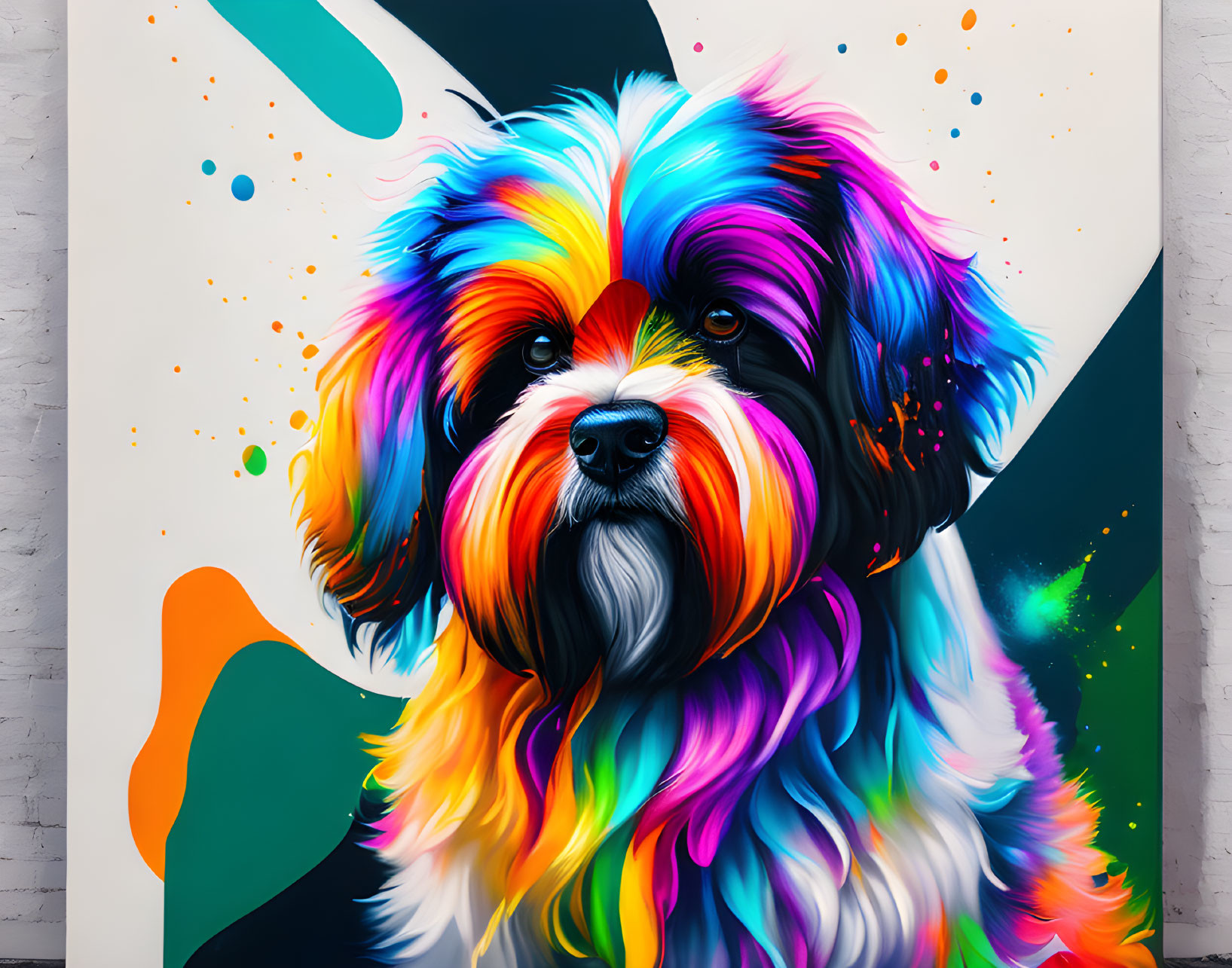 Colorful Fluffy Dog Graffiti on White Brick Wall