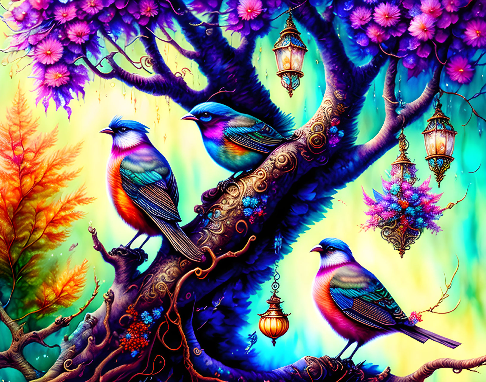 Colorful Birds on Tree Branches with Lanterns and Floral Blossoms