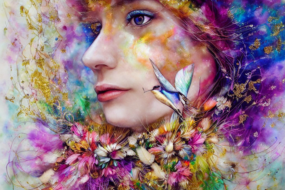 Colorful portrait of a woman with a hummingbird in a dreamlike setting