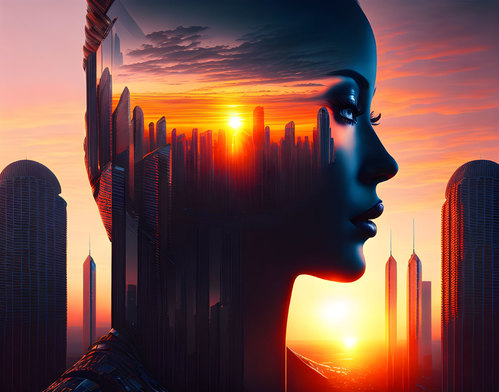 Futuristic cityscape merges with woman's profile at sunrise