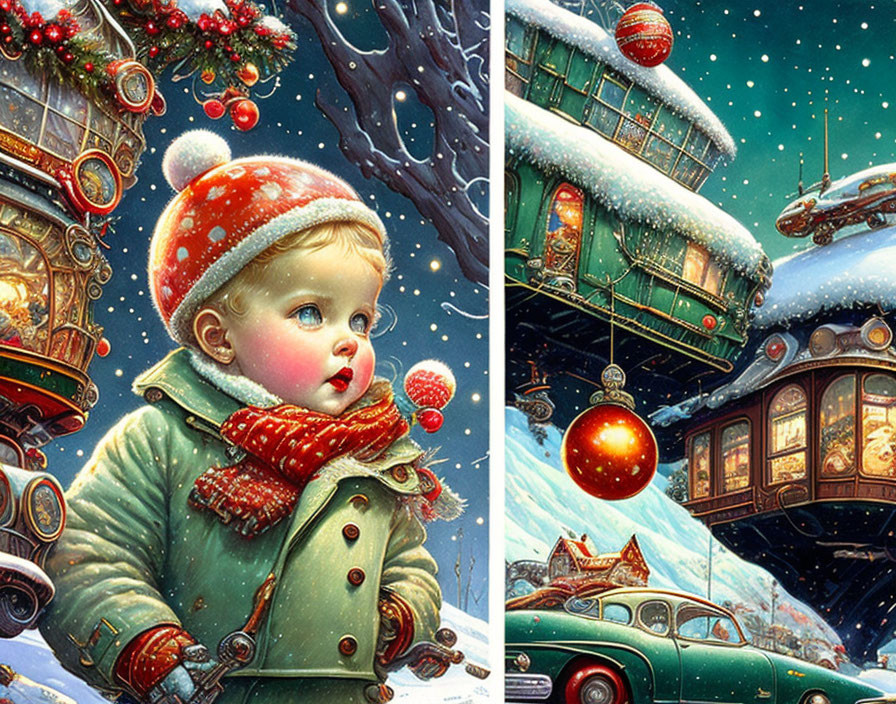 Child in winter attire gazes at snowy evening scene with Christmas decorations and vintage green car