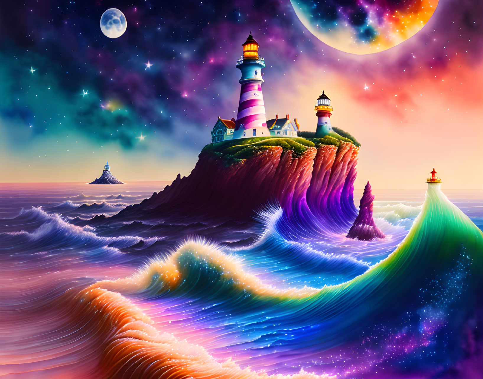 Digital Art: Lighthouse on Cliff with Cosmic Sky