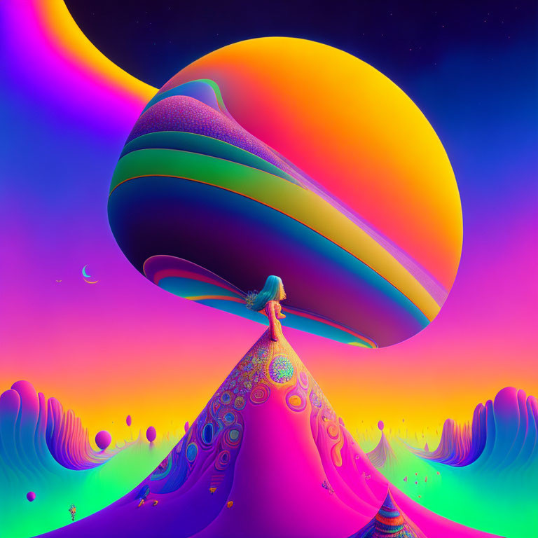 Person standing on vibrant, psychedelic landscape with colorful, ringed planets.