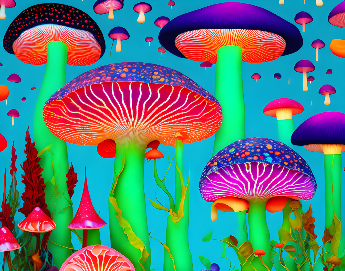 Fantastical Mushroom Forest with Neon Fungi on Blue Background