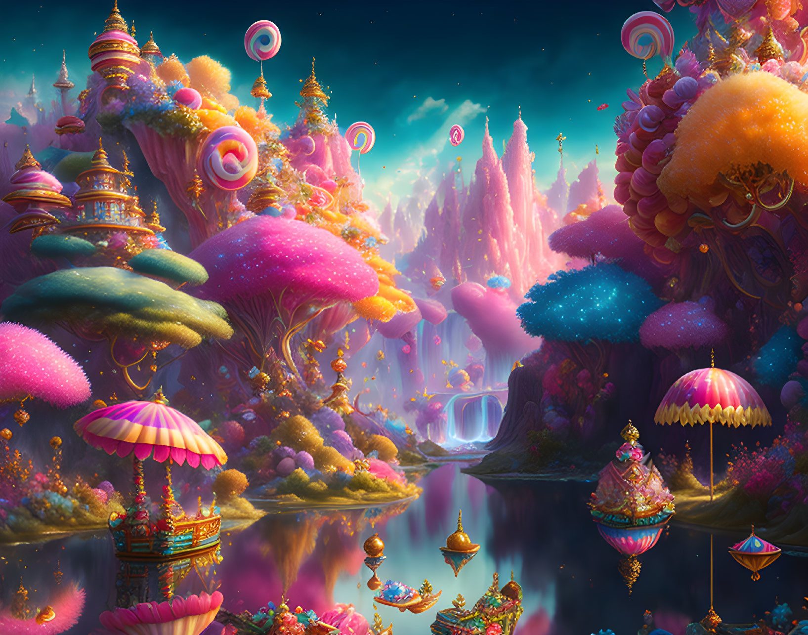 Colorful Mushroom Trees in Whimsical Fantasy Landscape