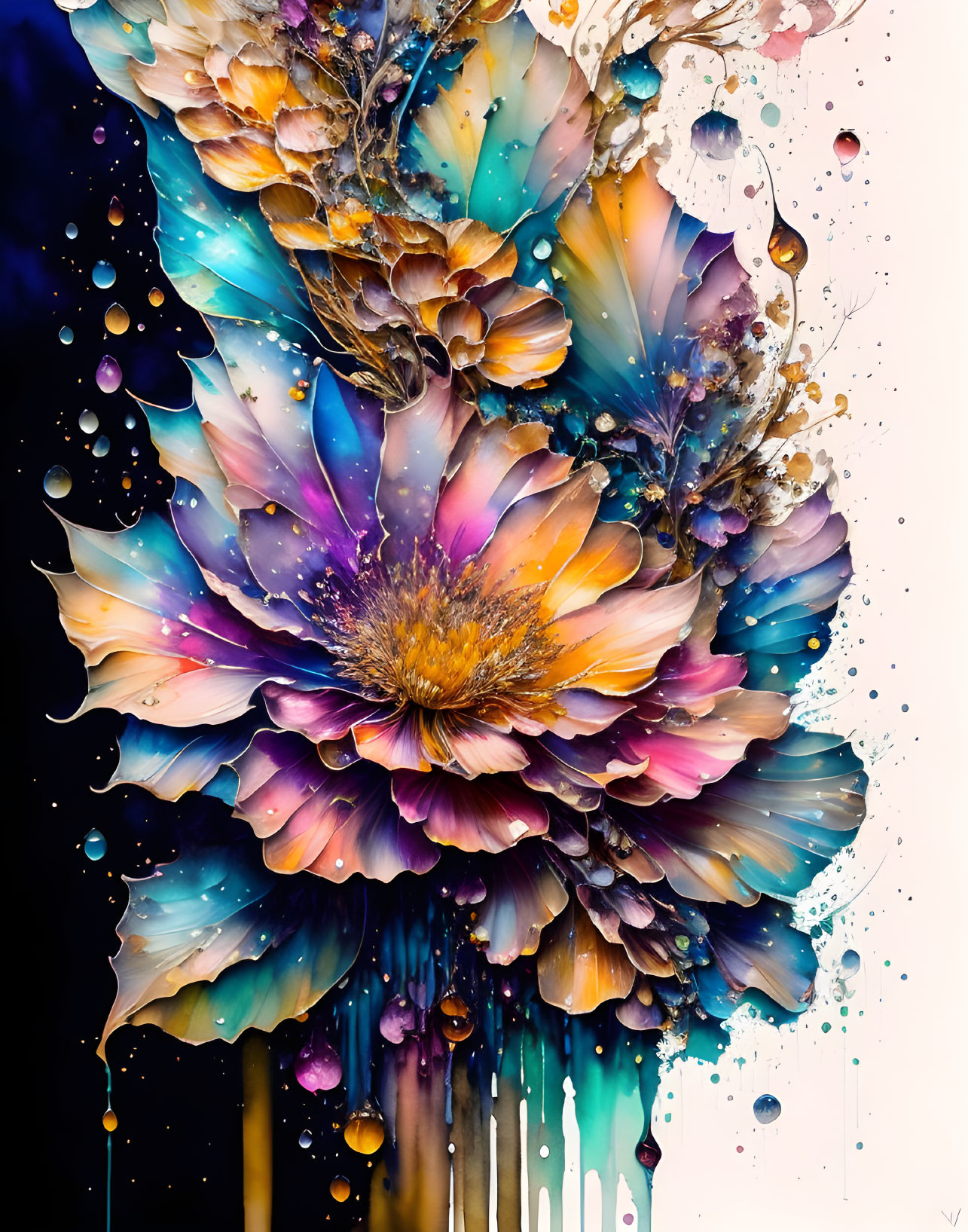 Colorful abstract flower painting on black background