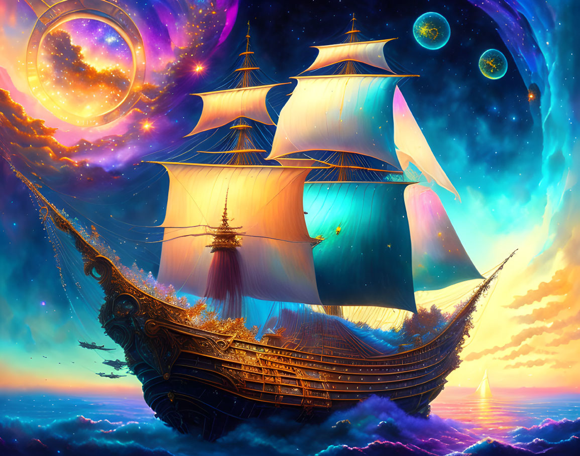 Majestic sailing ship on cosmic ocean under starry sky