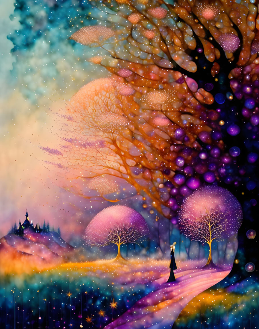 Whimsical artwork of person on path with glowing trees under starry sky