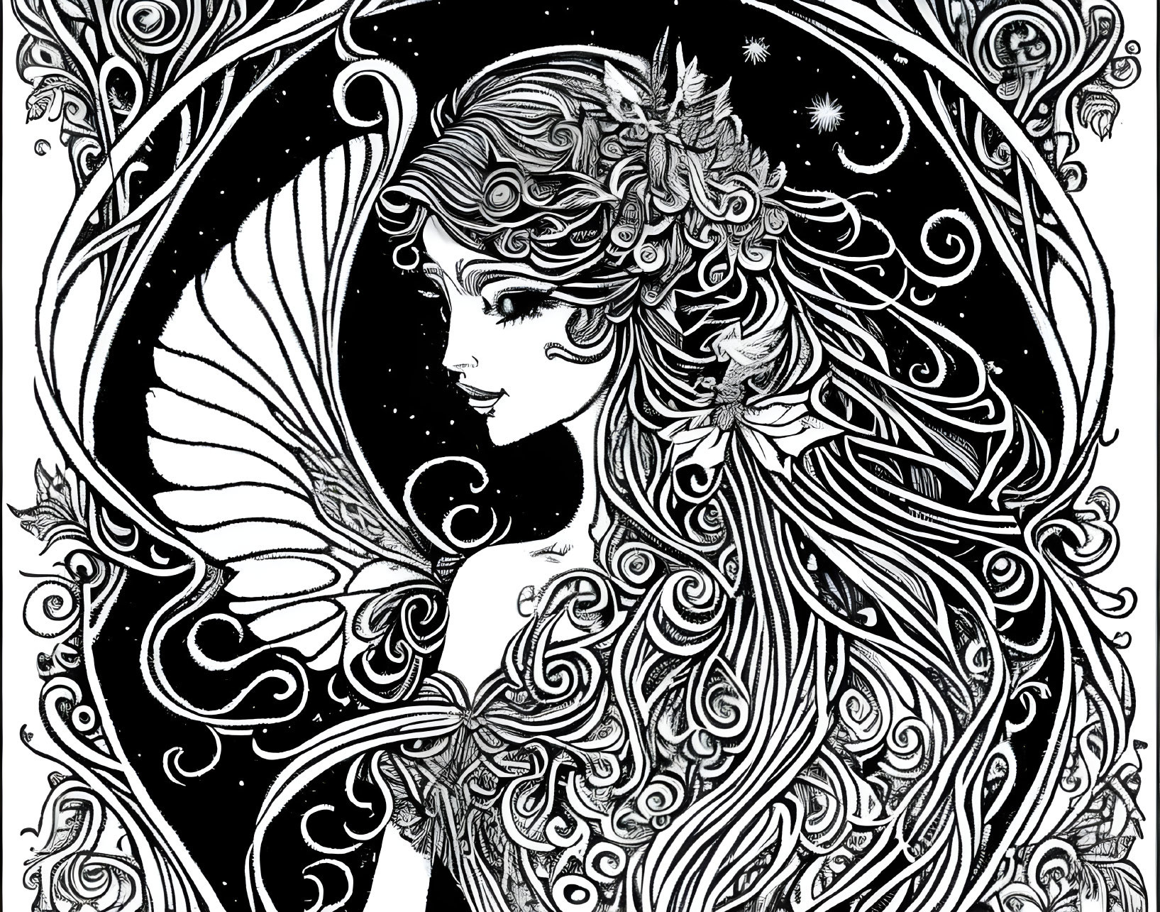 Monochrome illustration of woman with intricate hair and fairy wing in abstract swirls.