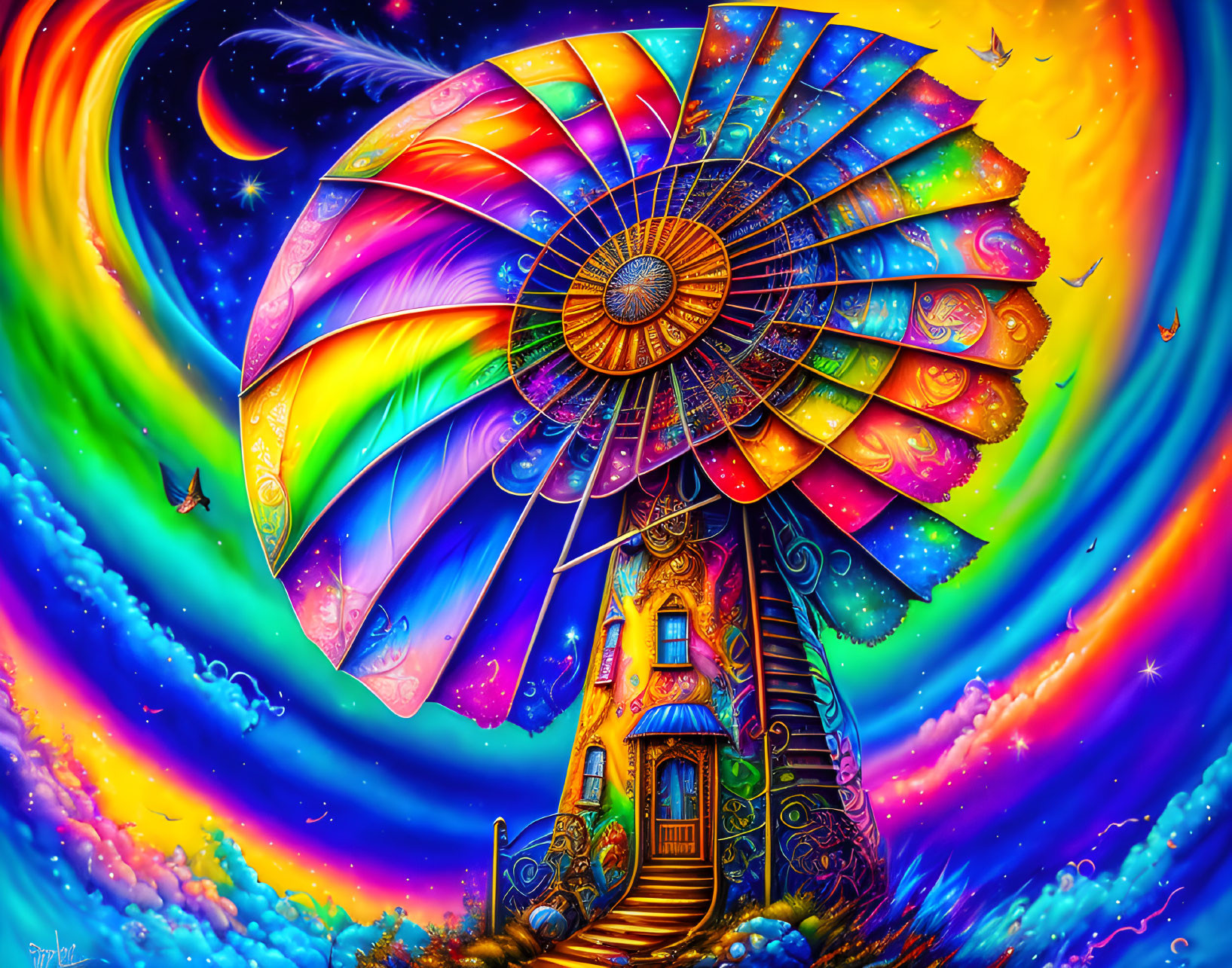 Colorful Psychedelic Snail Shell with Whimsical House and Butterflies