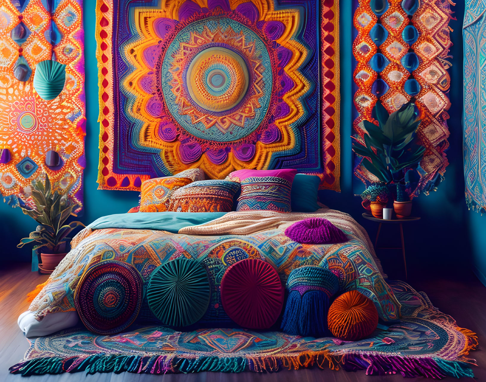 Colorful Bohemian Bedroom Decor with Mandala Tapestry & Patterned Textiles