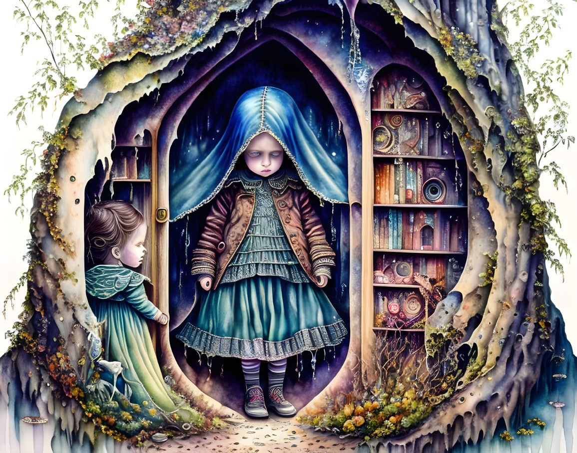 Children in magical tree doorway surrounded by books