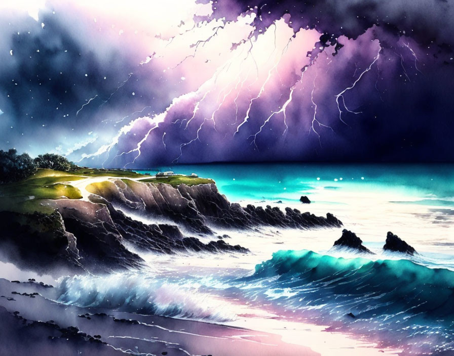 Dynamic Purple Sky Over Stormy Seaside Landscape