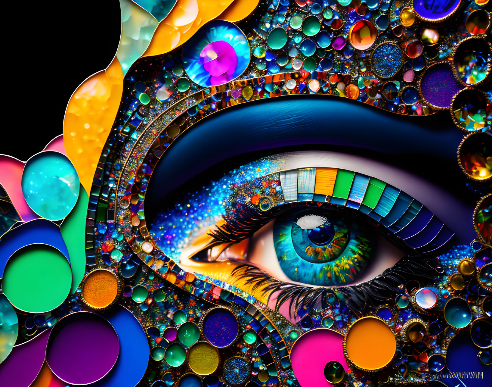 Colorful swirling eye artwork with jewel-like circles on dark background