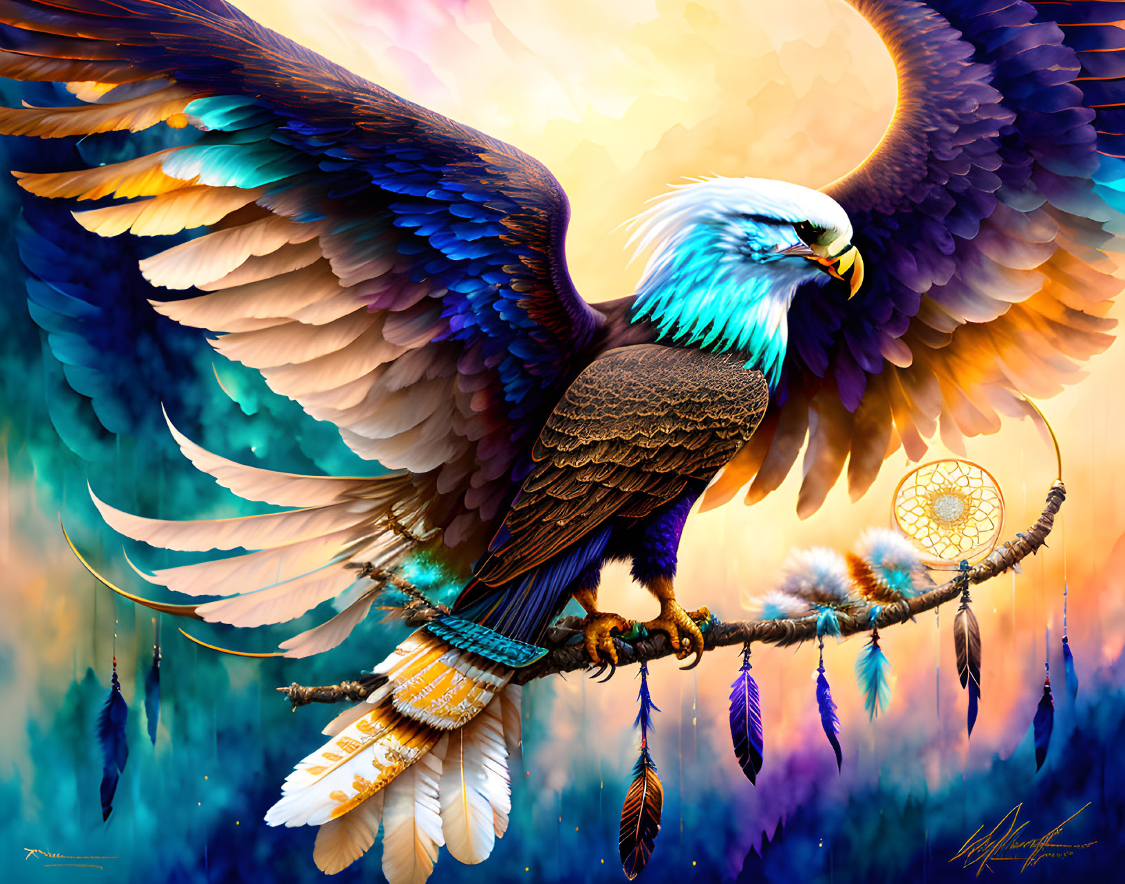 Colorful digital artwork: Eagle with outstretched wings on dreamcatcher branch