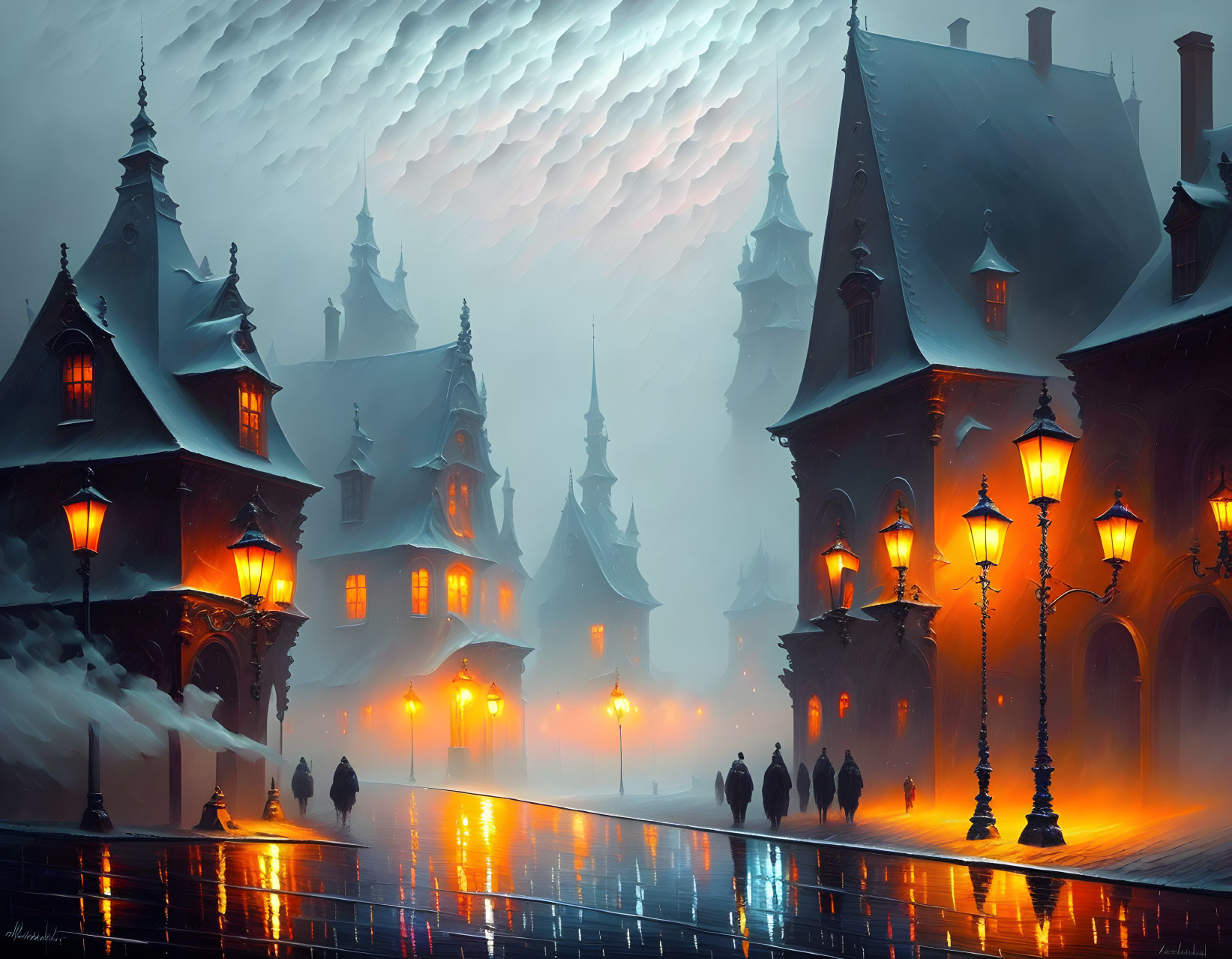 Luminous fantasy artwork: foggy scene with glowing street lamps, ornate buildings, wet cob