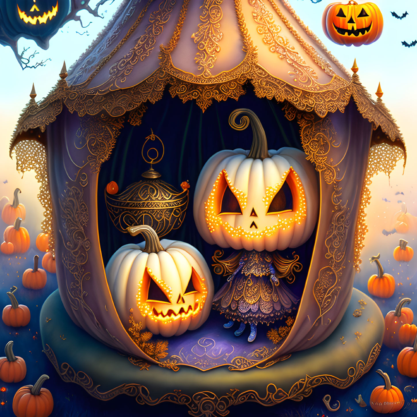 Glowing carved pumpkins in ornate Halloween tent at twilight