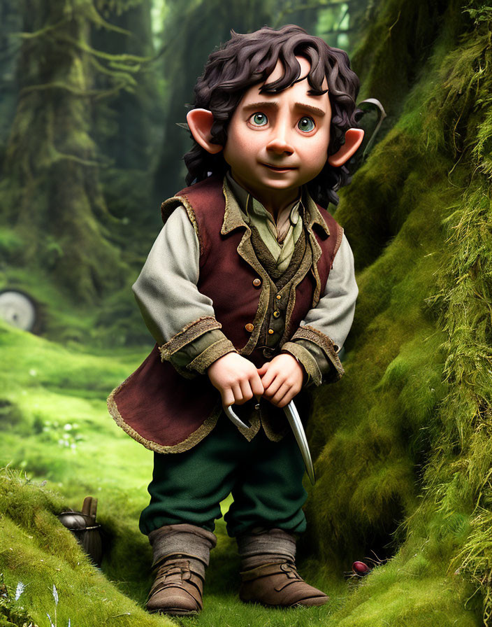 Young fantasy character with pointy ears and sword in lush forest