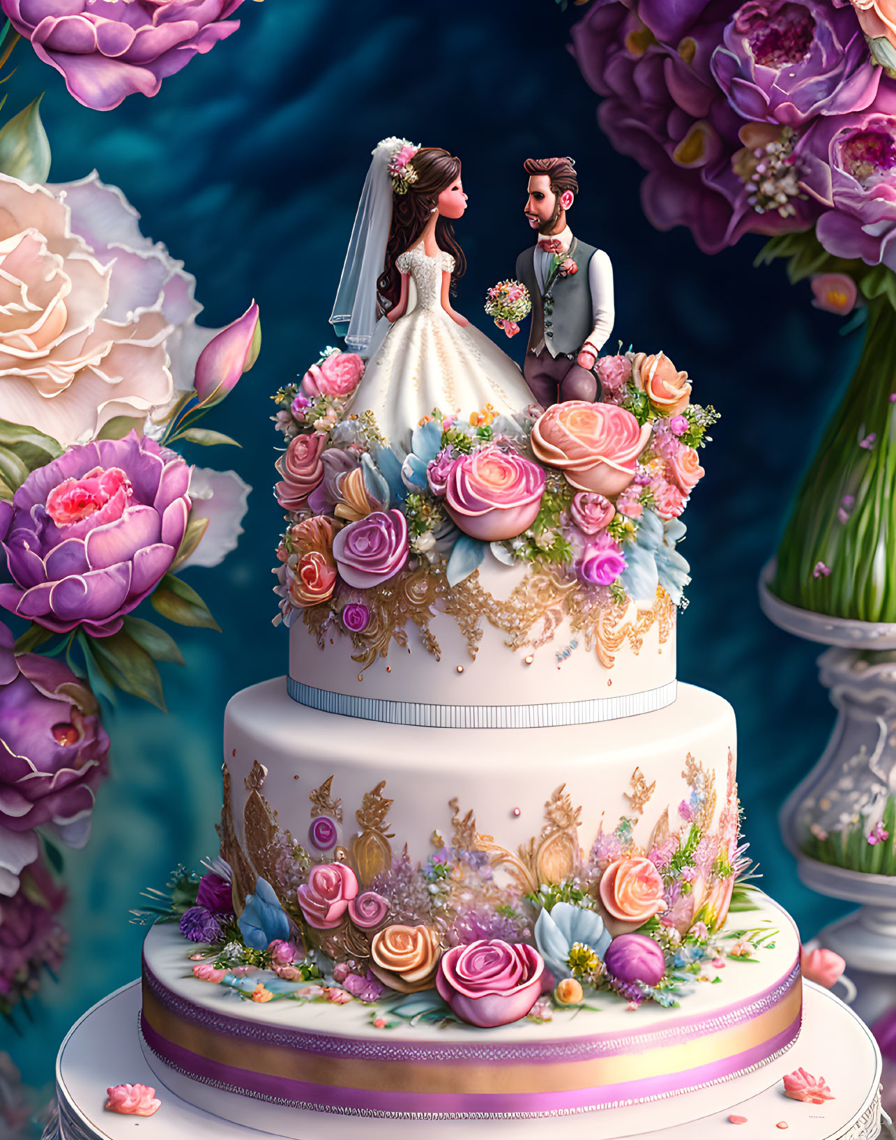 Elegant wedding cake with bride and groom topper, pink and purple floral designs on blue backdrop