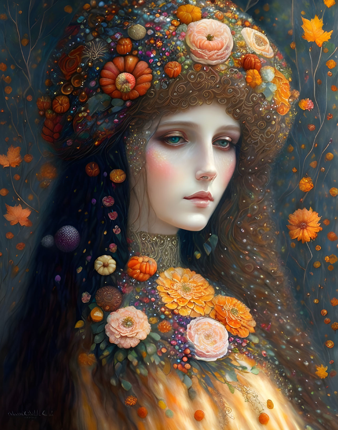 Ethereal woman adorned with flowers and jewels in autumnal setting