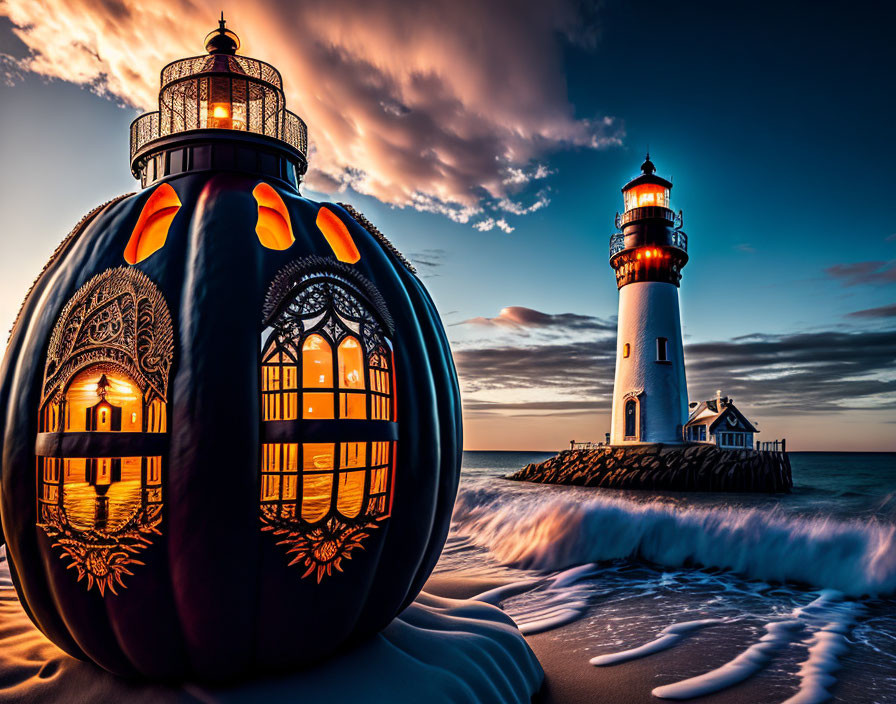 Detailed lighthouse pumpkin next to real lighthouse at sunset by the sea