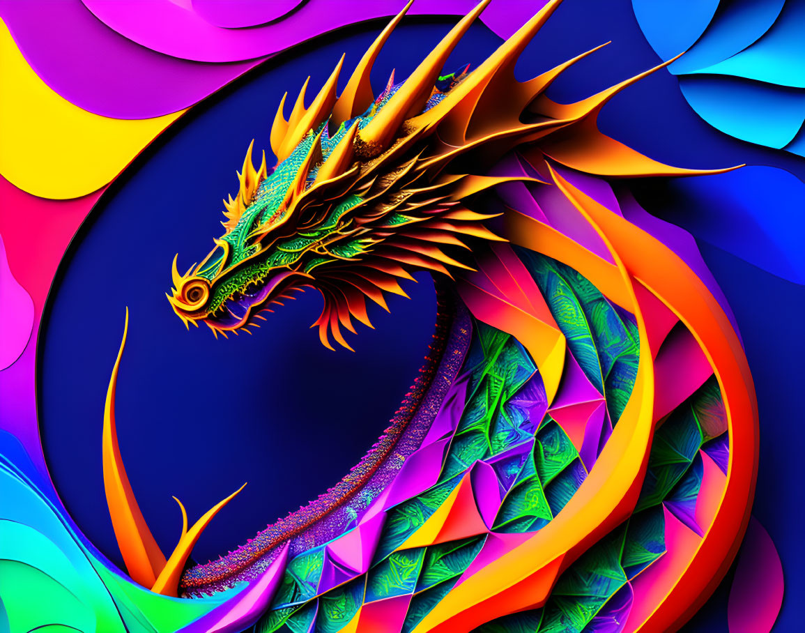 Colorful Stylized Dragon Art Against Swirling Background