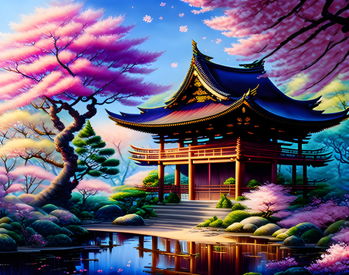 Japanese pagoda surrounded by cherry blossoms and pond at twilight