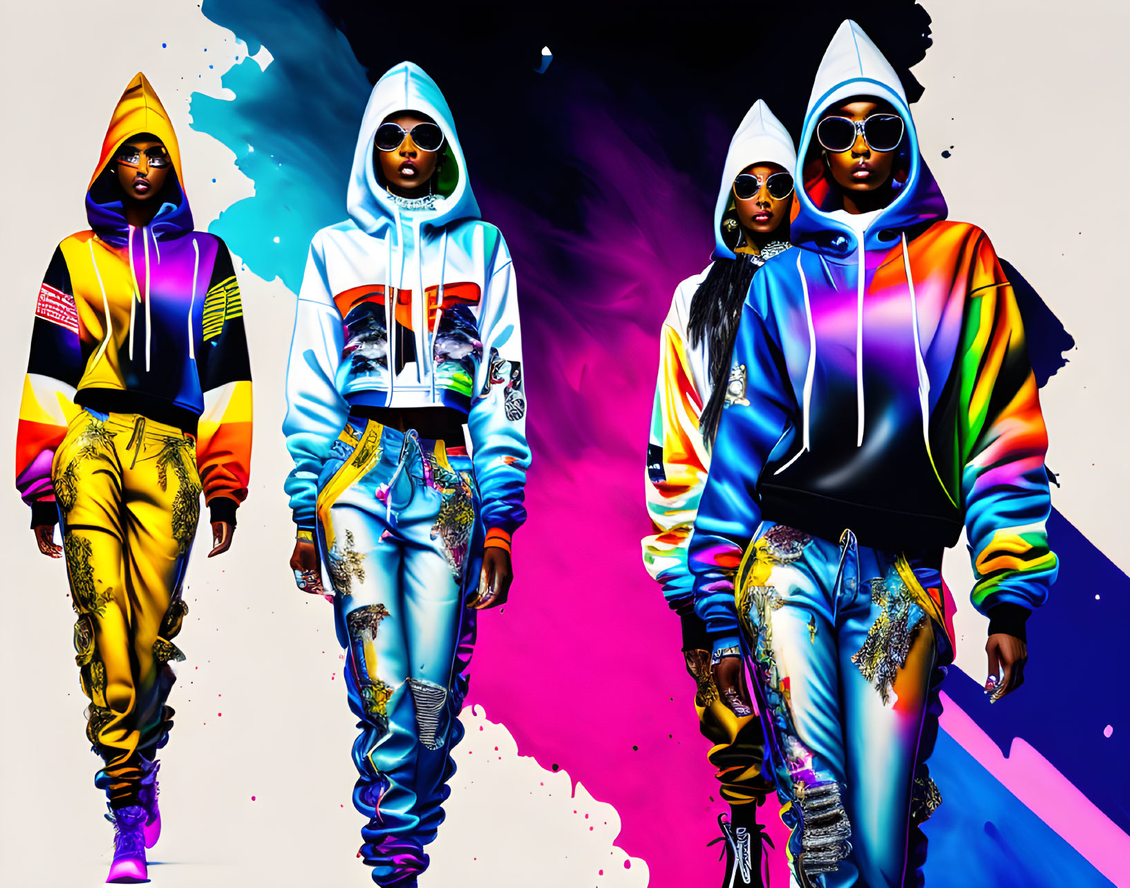 Four models in vibrant urban streetwear against abstract colors.