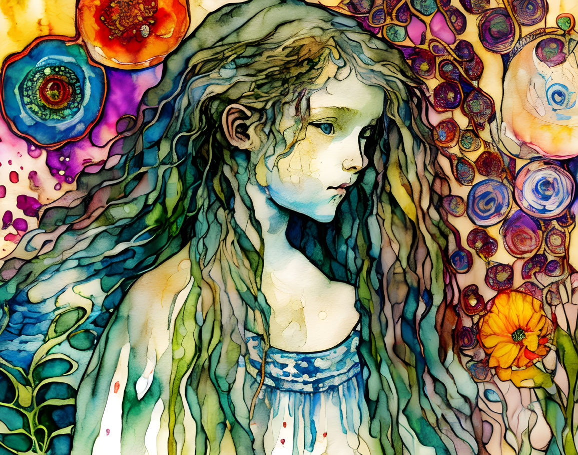 Vibrant watercolor painting of a girl with floral hair and abstract circles