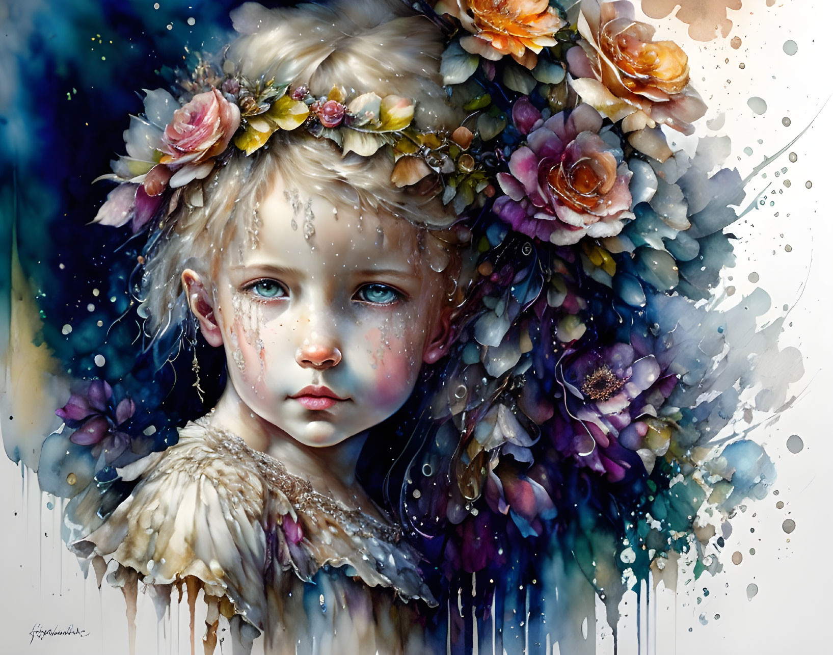 Realistic portrait of young girl with floral crown in cool watercolor palette