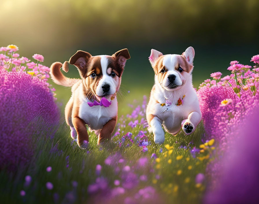 Playful Puppies Frolicking in Vibrant Flower Field