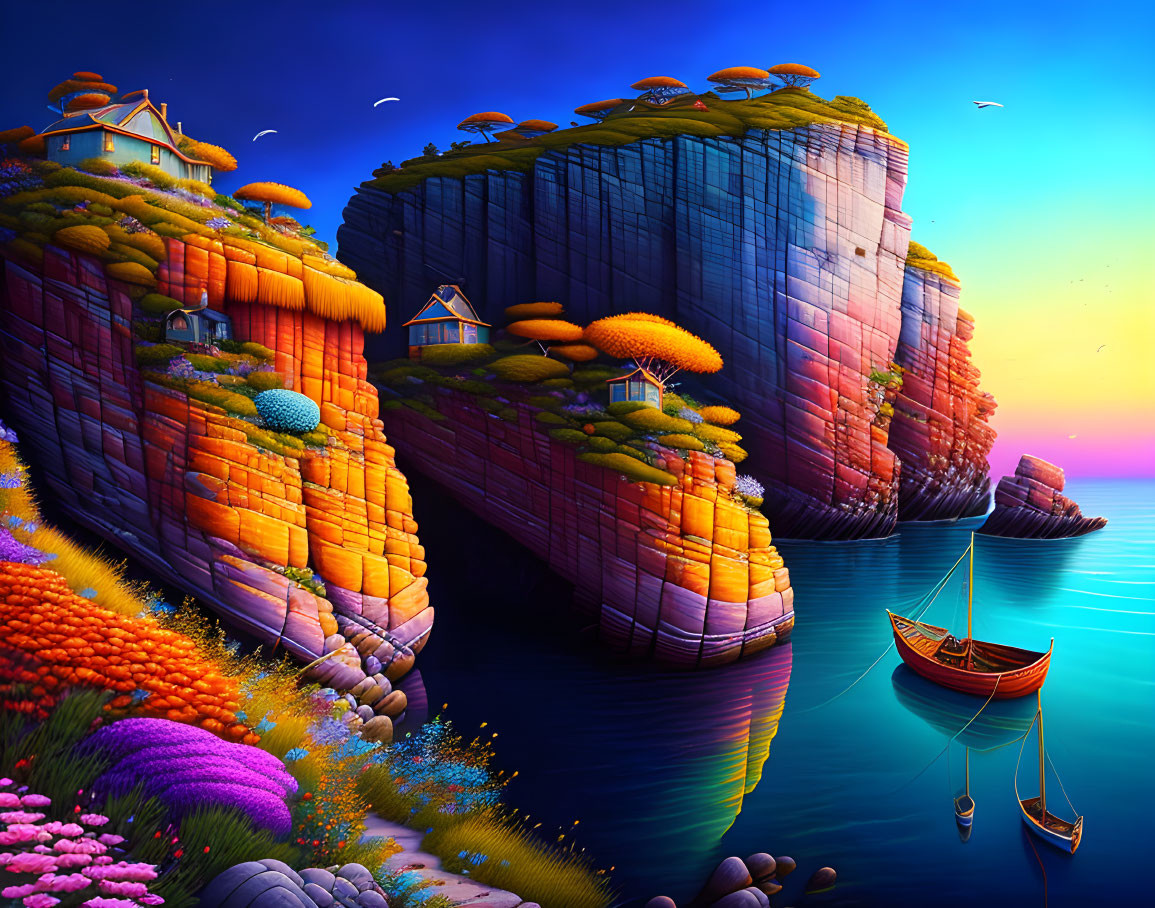 Illustration of vibrant cliffside houses, lush flora, serene sea, boat under twilight sky