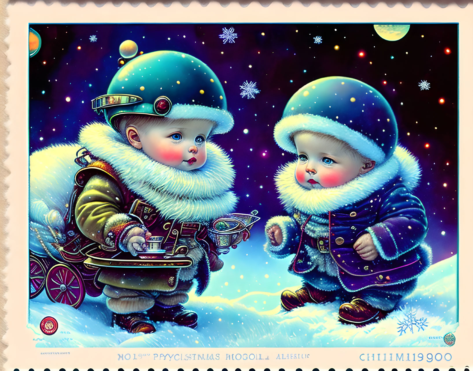 Illustrated babies in vintage winter astronaut gear with space-themed backdrop and toy rocket in whimsical postage stamp