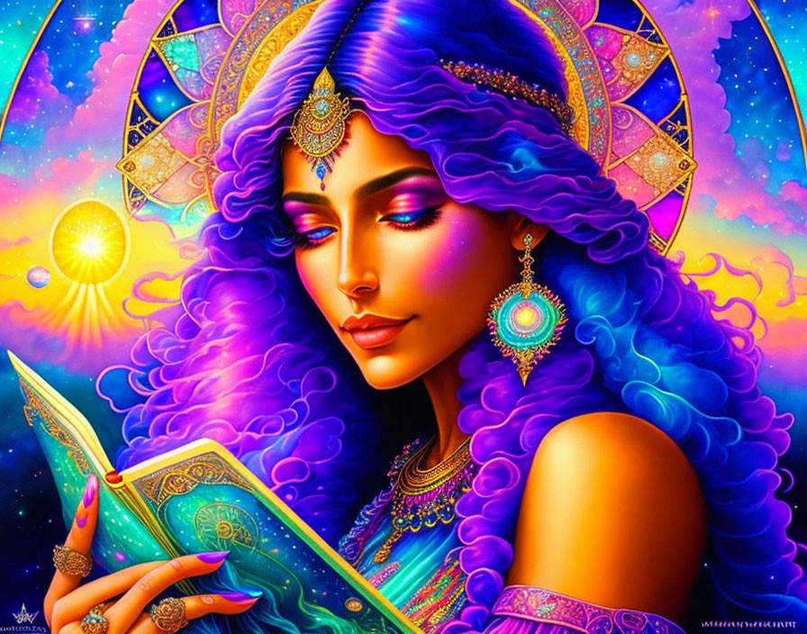 Digital artwork: Woman in purple hues with ornate jewelry, reading against cosmic sun backdrop