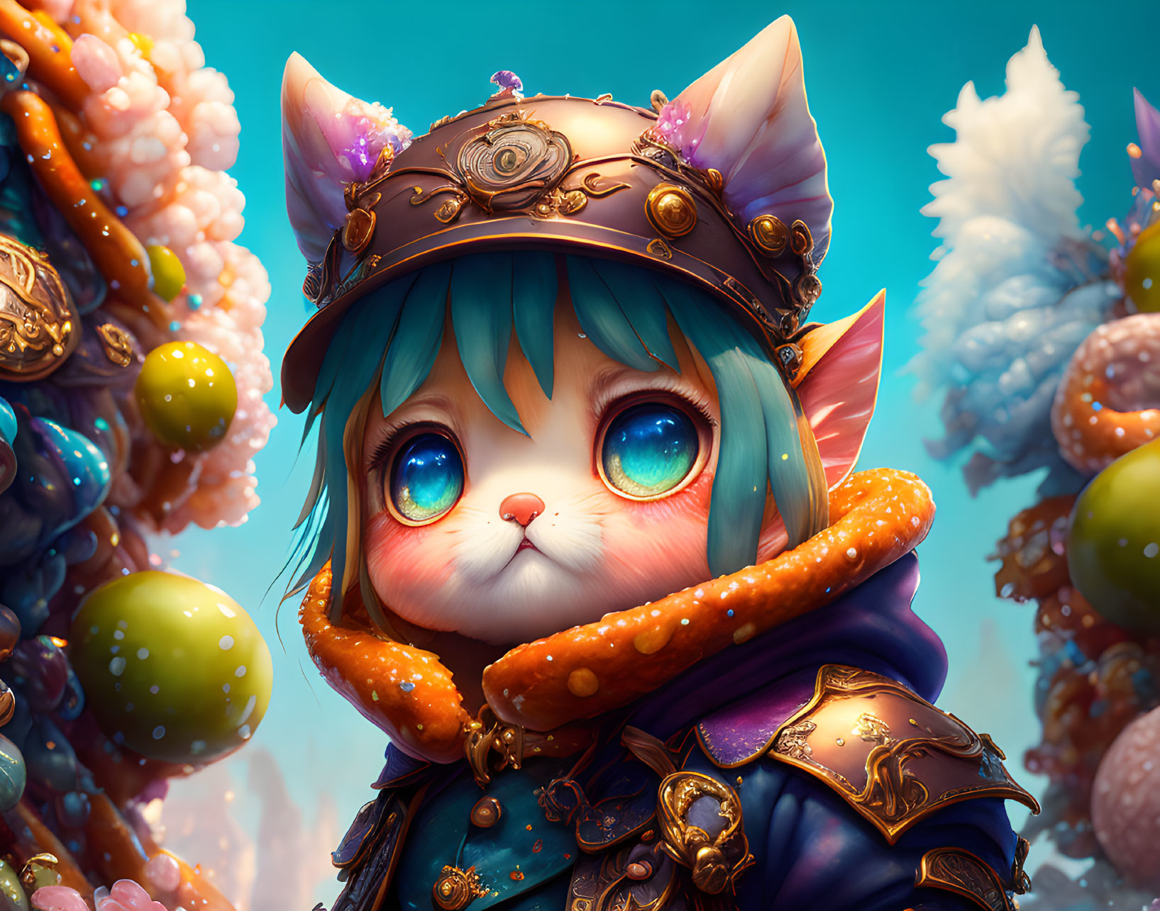 Colorful Anthropomorphic Cat with Jeweled Hat in Fantasy Flora Scene