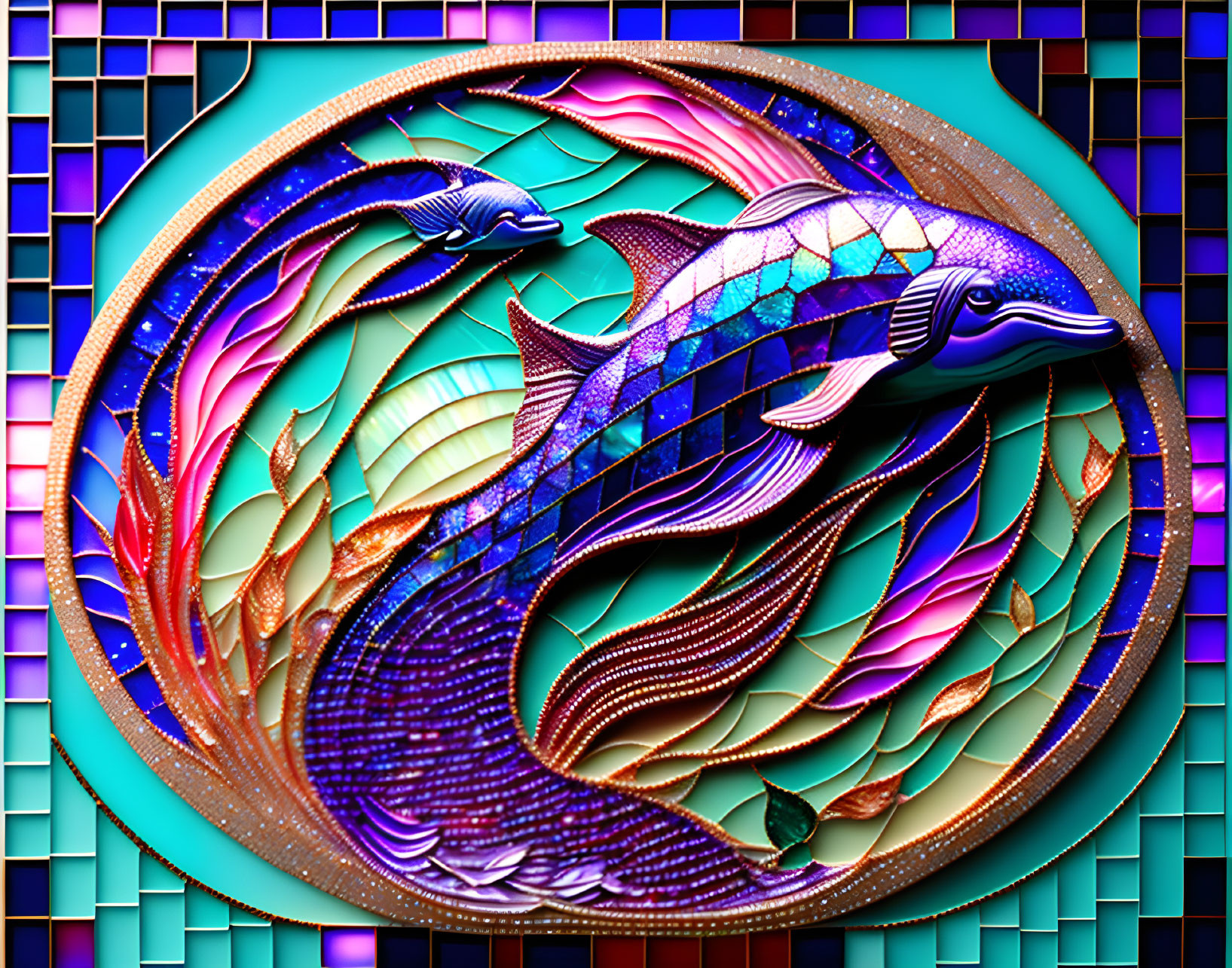 Colorful Fish Swimming in Stained Glass Style Illustration