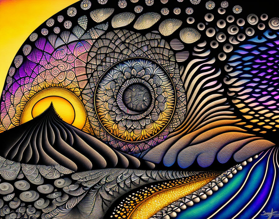 Colorful Mandala-Inspired Artwork with Sun, Mountain, and Waves