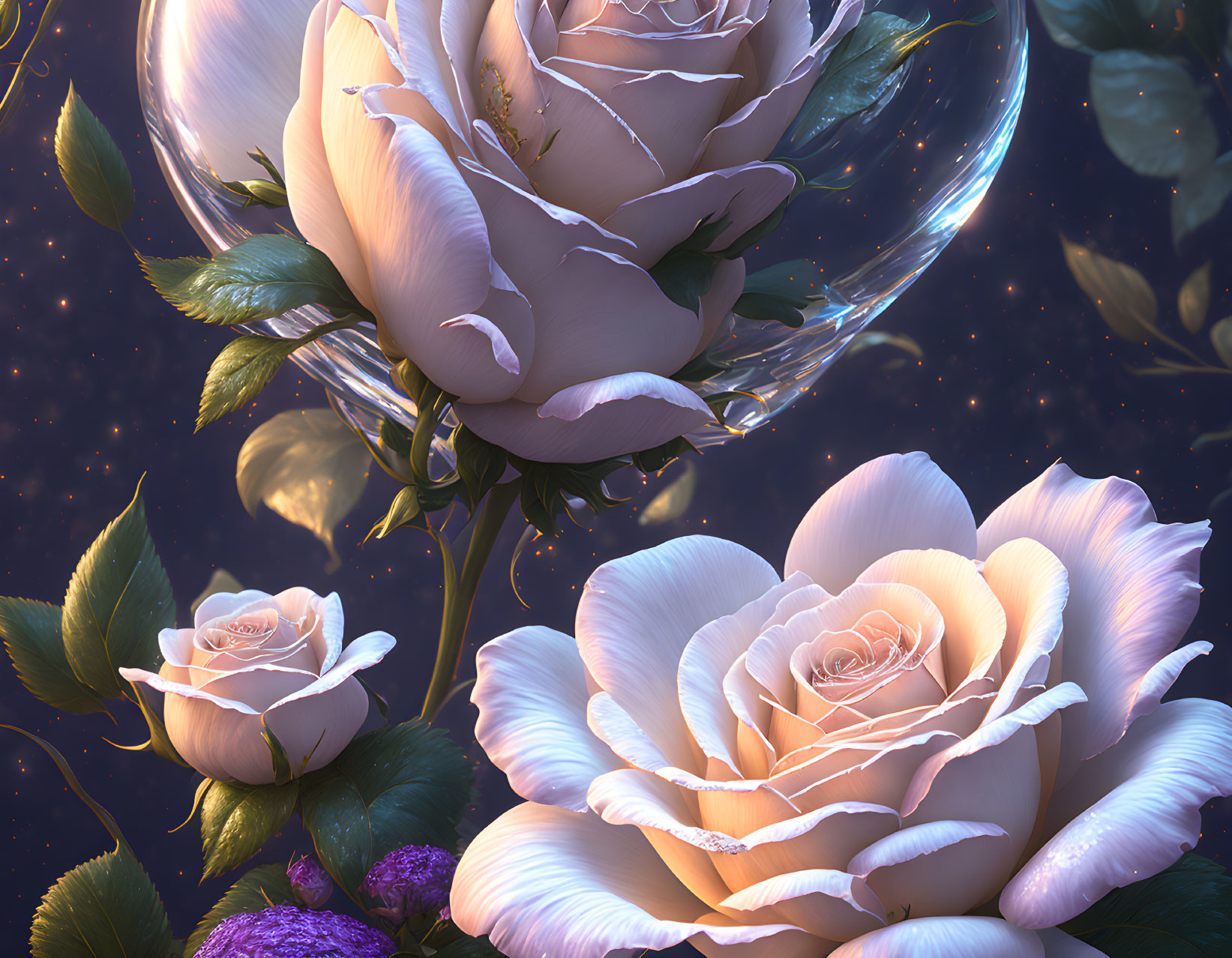 Pale roses in transparent bubbles among starry backdrop and green leaves, purple flowers.